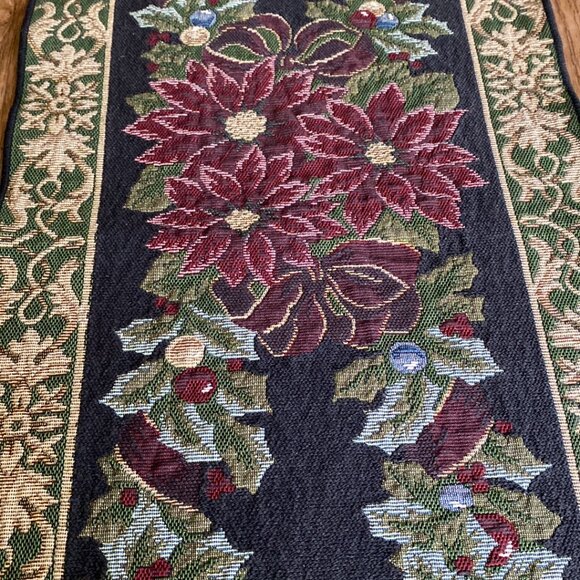 Vintage Tapestry Style Table Runner w/Burgundy Poinsettias & Holly Berri… - Picture 7 of 13